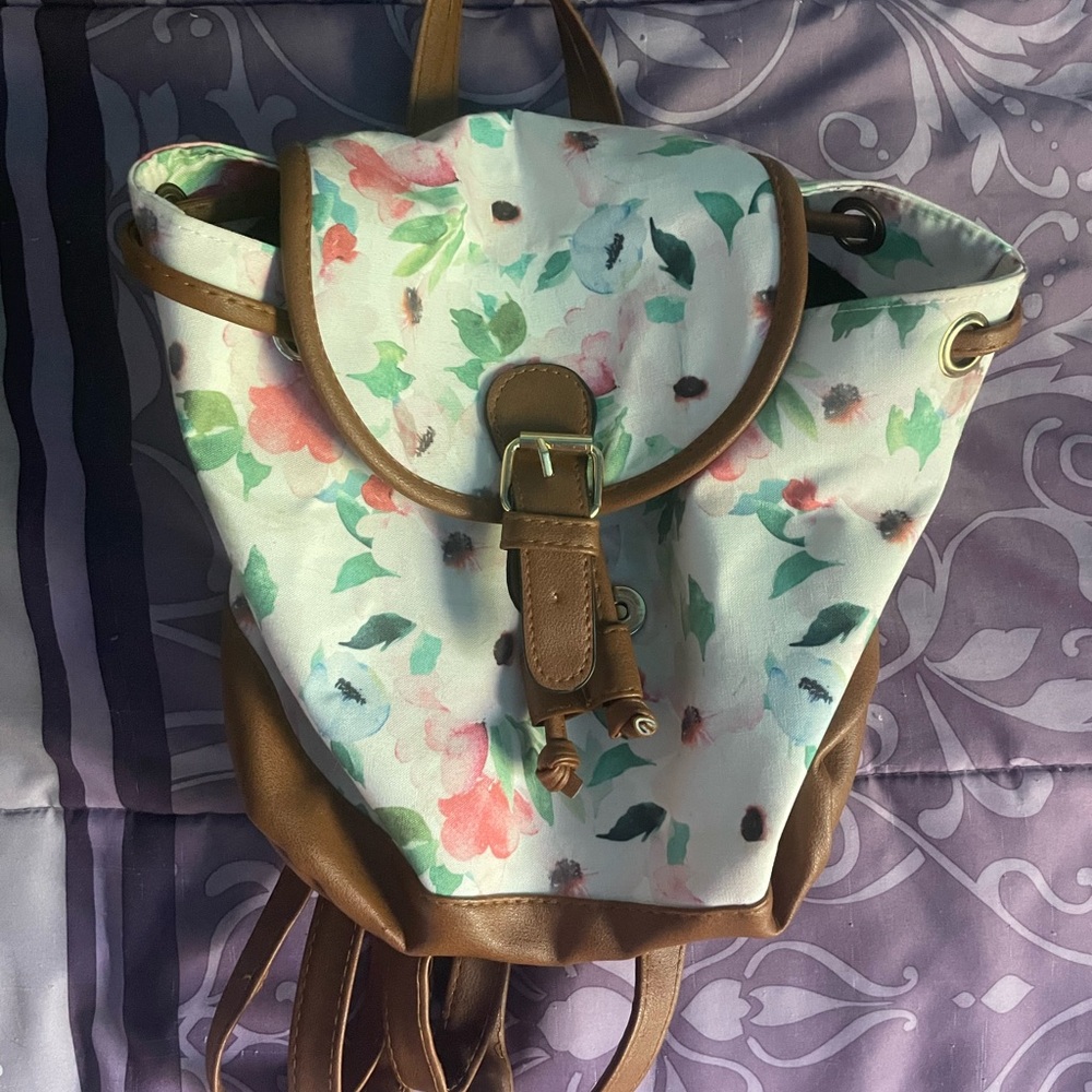 Ardene Floral Backpack with Brown Trim
